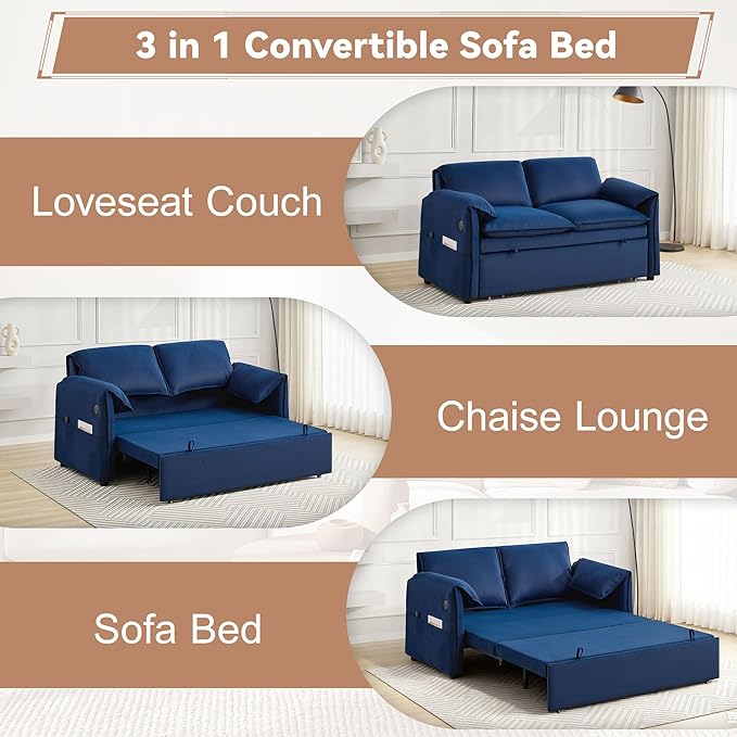 63 Velvet 3 in 1 Convertible Sleeper Sofa Bed Pull Out Couch Bed Loveseat with Adjustable Backrest Chaise Lounge USB Port &amp Side Pocket Modern Sofa for Living Room Small Spaces Blue
