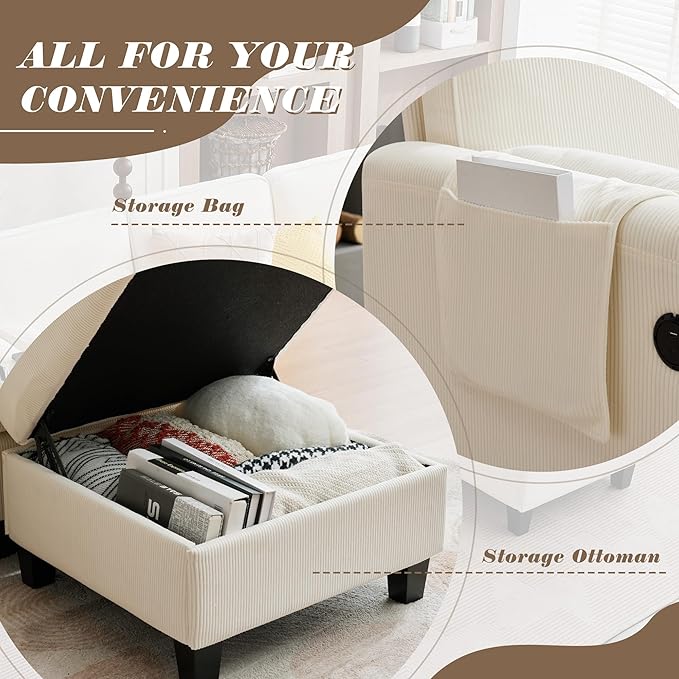 MAGIC UNION Convertible Sectional Couches for Living Room - Small Space Couches L-Shaped Sofa Upholstered 3 Seats Sofas W/Storage Chaise USB Ports Side Pockets and Pillows (Corduroy Fabric White)