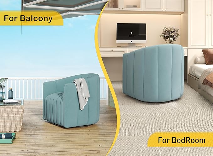 Swivel Accent Chair Velvet Barrel Arm Chair for Living Room Pumpkin Shaped Curved Chair with Metal Base for Bedroom Balcony Study Room（Blue）