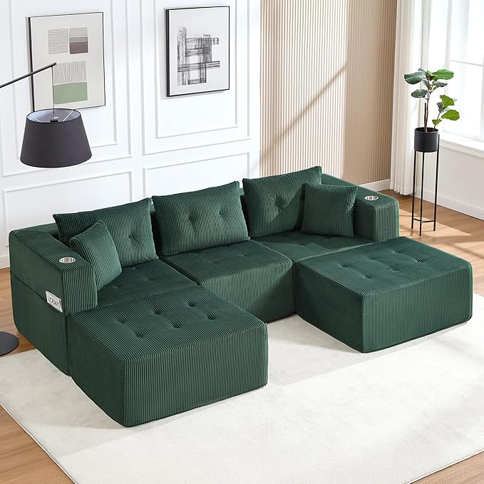 100 U Shaped Modular Sectional Sofa Oversized 5-Seater Boneless Tufted Cloud Couch with Cup Holder and Movable Ottoman Corduroy Upholstery Couches for Living Room No Assembly Green