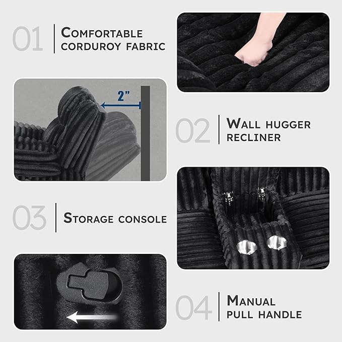 Lexicon Manual Double Reclining Loveseat with Center Console Corduroy Manual Wall Hugger Recliner Couch Pillow Top Arms Cup Holders Hidden Storage Cozy Loveseat for Living Room Black