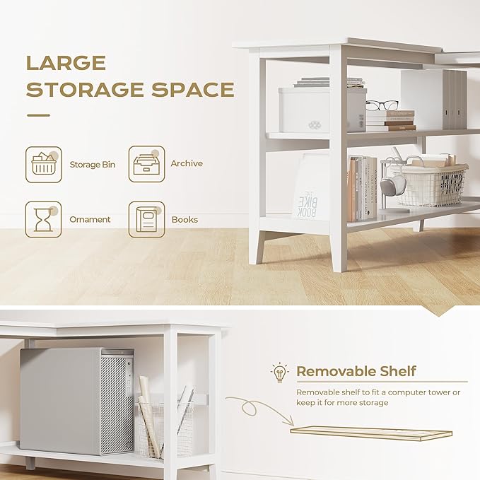IOTXY Reversible L-Shaped Office Desk - 53 Modern Corner Computer Table with Storage Shelves Solid Wood Legs Home Writing &amp Study Workstation White