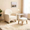 Modern Barrel Chair with Ottoman Upholstered Armchair with Wooden Legs Backrest Single Sofa Soft Cushion Seating Comfy Lounge Chair for Living RoomBedroomReading Corner (White)
