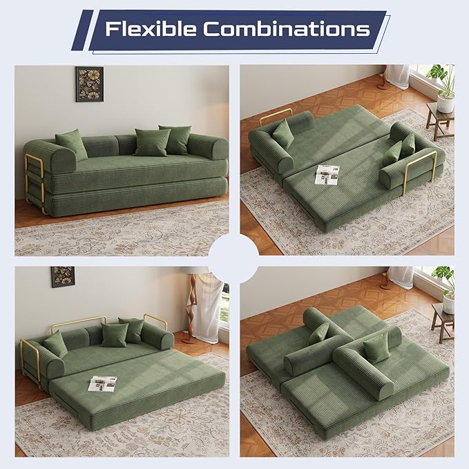 Compression Sofa 75 inch Convertible Floor Sofa Bed 2-in-1 Foldable Frameless Sofa Memory Foam Mattress Corduroy Fabric Pulls Out Couch Suitable for Living Rooms 、Apartments Green (2 Pillows)