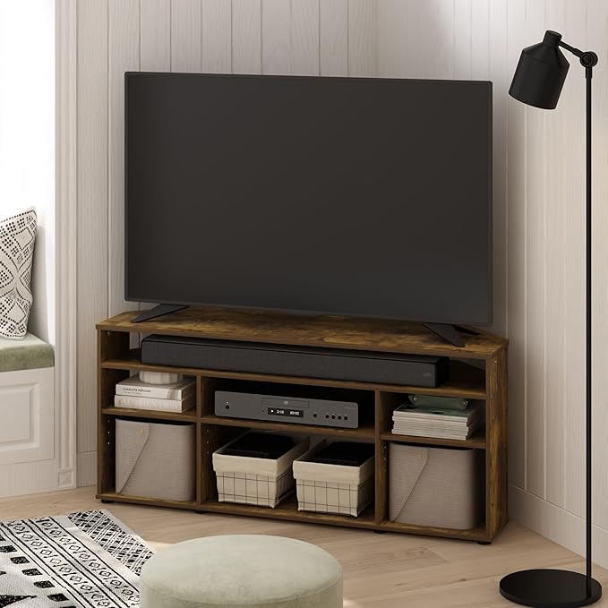 Furinno BESI TV Stand No Tools Assembly Industrial Style Entertainment Center TV Console for TV up to 46 Inch for Living Room Bedroom Amber Pine