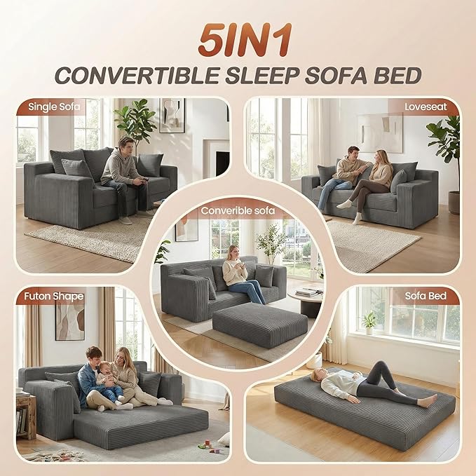 Convertible Sofa Bed 5 in 1 Small Boneless Couch Pull Out Loveseat Sleeper SofaCorduroy Futon Couch Folding Mattress with 4 Pillows for Living Room Bedroom Lounge (No Assembly)