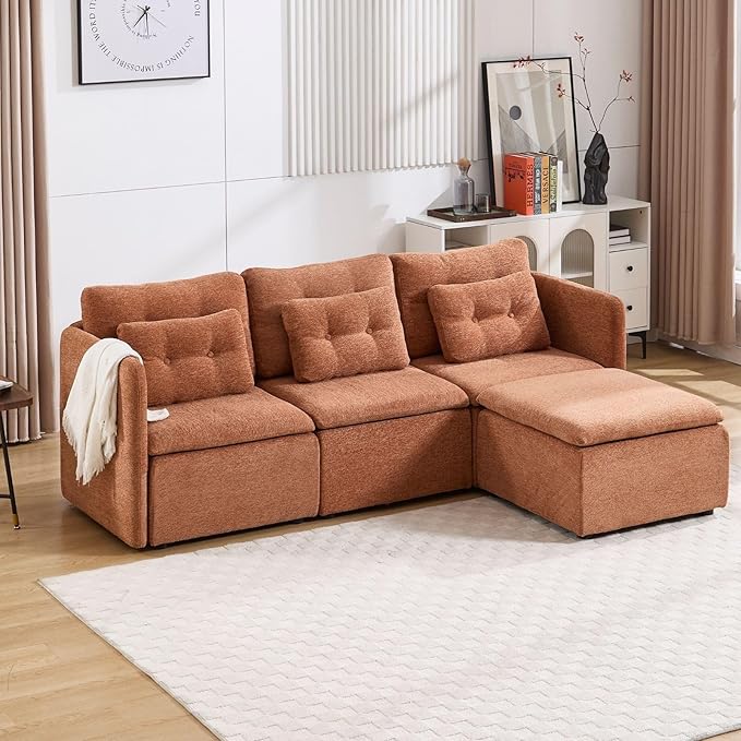 LukeAlon L Shaped Modular Sectional Sofa Couch with Ottoman Modern 3 Seater Chenille Sofa Set with Pillow 82.5 Upholstered Lounge Sleeper Sofa Couch for Living Room Apartment Office Light Brown