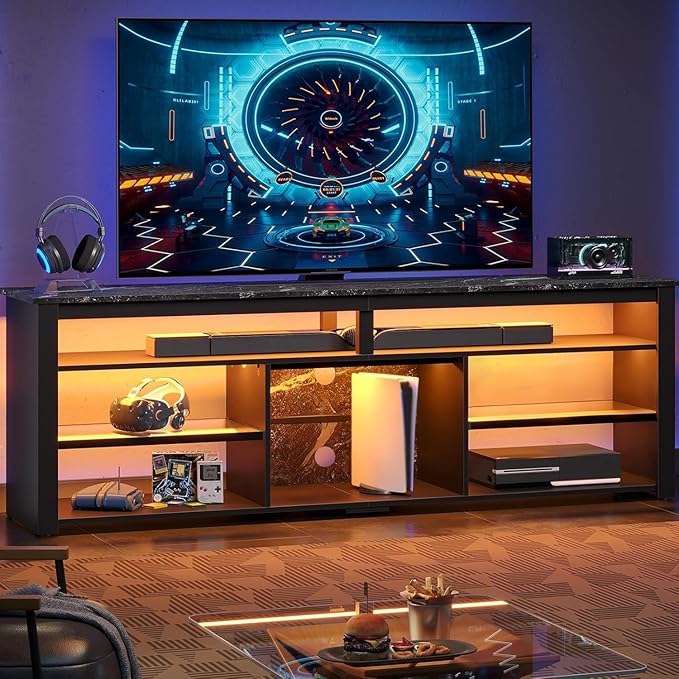 Bestier Tall LED TV Stand for 70/75/80 inch TV Modern Black Marble Entertainment Center with Storage for PS5 Gaming Console for Living Room &amp Bedroom