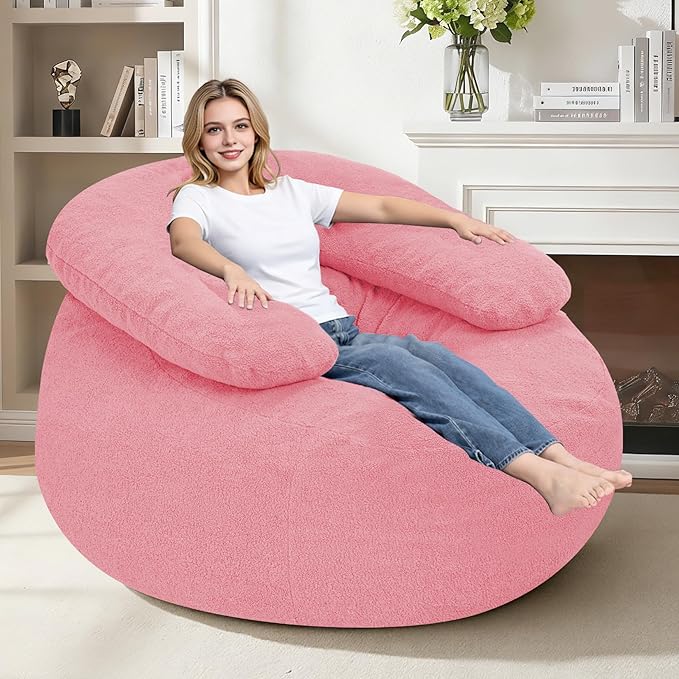 HABUTWAY Giant Bean Bag Chair Oversized Beanbag Chair with Filler Ultra Soft Teddy Fleece Bean Bag Lounge Floor Sofa w/U-Shaped Pillow for Gaming Reading Pink&amp Pink