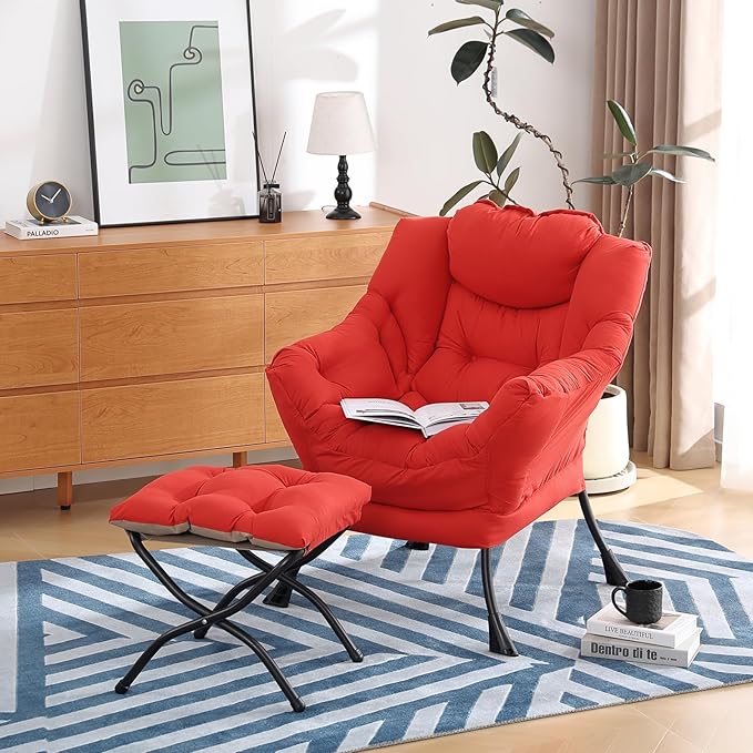 Lazy Chair with Ottoman Modern Accent Chair with Armrests and a Side Pocket Red Accent Chairs Comfortable Reading Chairs Oversized Armchairs for Bedroom Study Living Room Courtyard
