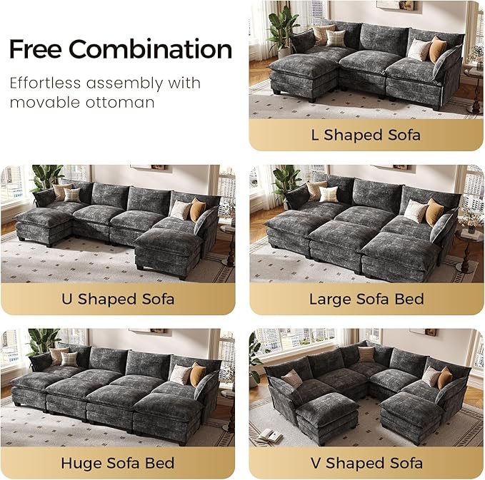 KKL 120 Huge Modular Sectional Sofa Bed 8 Seater Convertible J/L/U-Shaped Sleeper Cloud Couch with Ottoman Chenille Sectional Couches for Living Room Apartment Grey