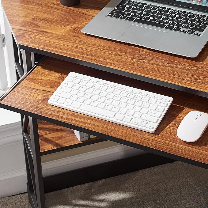 VECELO Corner Desk Computer Desk Writing Table with Smooth Keyboard Tray &amp Storage ShelvesCompact Home Office Triangle TableTeak