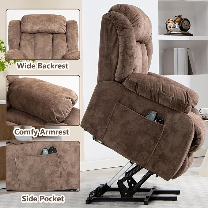 Power Lift Recliner Chair for Elderly Electric Recliner Chair with Massage and Heat Lift Recliner with Side Pocket &amp USB Charge Port for Living Room (Brown)