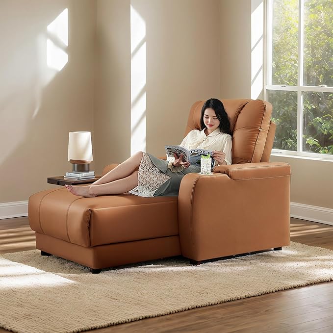 Power Recliner Chair with Cup Holder Comfy Reading Chair for Bedroom Oversized Recliner for Living RoomApartment (Faux Leather Brown)
