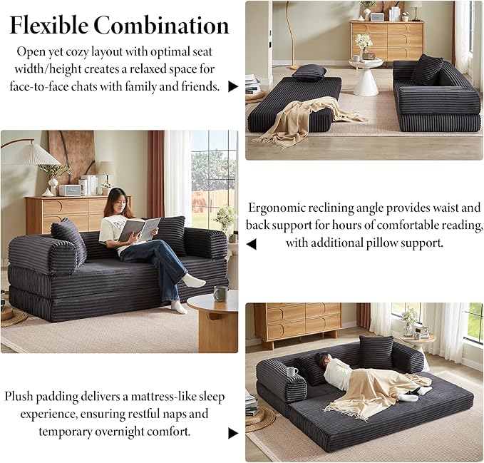 Folding Convertible Sleeper Sofa Bed Corduroy Upholstered Boneless Couch with Pillows Modular Floor Sofa Compression Couch for Living Room No Assembly Required (Dark Gray)