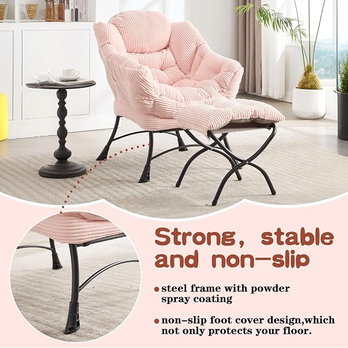 Lazy Chair with Ottoman &amp Storage Pocket Reading Chair for Bedroom Living Room Small Space Comfy Lounge Chairs Steel Frame Oversized Ergonomic Corduroy (Pink)