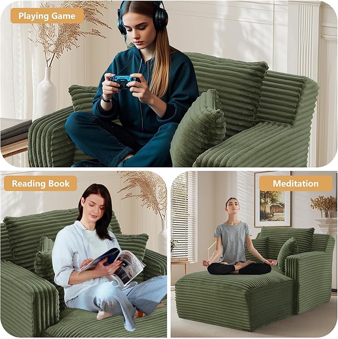 65.4 Green Oversized Chaise Lounge Chair Indoor Modern Corduroy Lounge Couch Comfy Upholstered Sleeper Sofa with Throw Pillows Fluffy Reading Chair Bed for Living Room