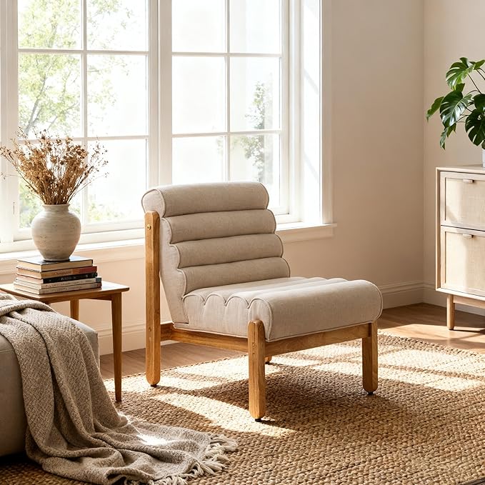 Scott Living Fluffy Low Profile Accent Chair Modern Living Room Armless Lounge Chair Fabric Comfy Reading Chair for Bedroom Wooden Frame and Thick Padded Seat Dark Beige+Natural