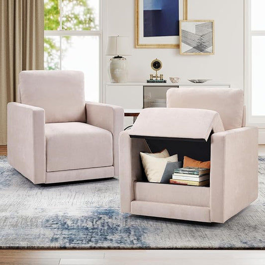 INZOY Swivel Accent Chair Set of 2 Comfy 360° Swivel Chair with Hidden Storage Upholstered Chenille Square Chair for Living Room Bedroom Small Spaces Fully Assembled Beige