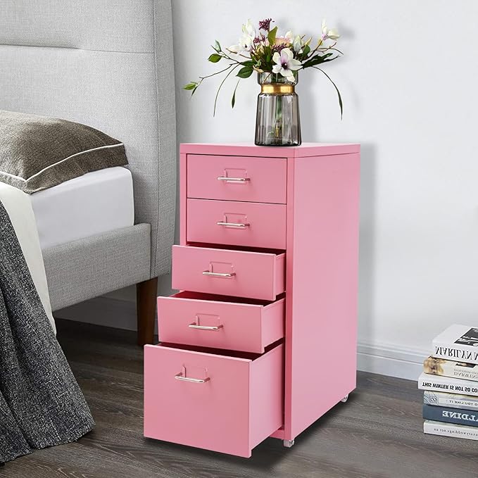 5 Drawer File Storage Cabinet 27 Inch Metal Freestanding Office File Cabinet Drawer Organizer with Wheels Mobile Vertical Storage Cabinet for Bedroom Living Room Office Study (Pink)