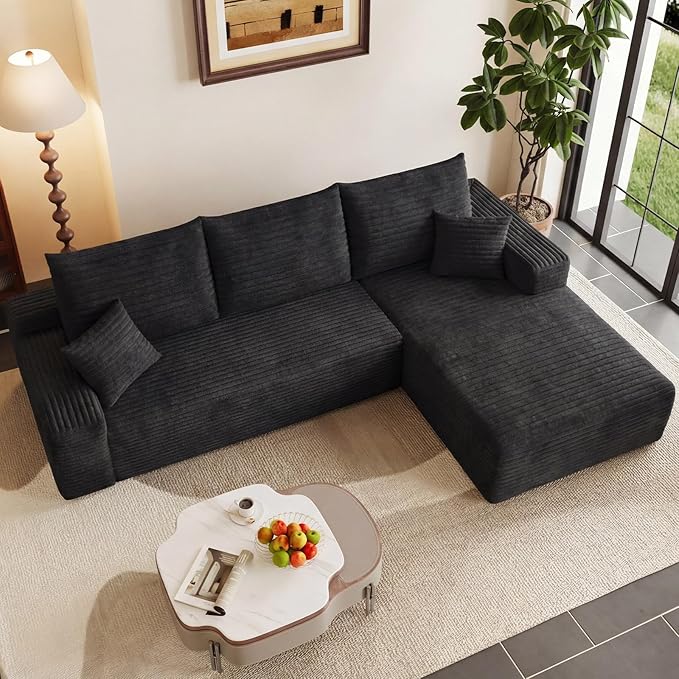 95 Modular Sectional Couch Boneless L Shaped Cloud Sofa with Chaise Lounge Corduroy Upholstered Couches Memory Foam Deep Seat No Assembly Required Ideal for Living Room(Black Right Facing)