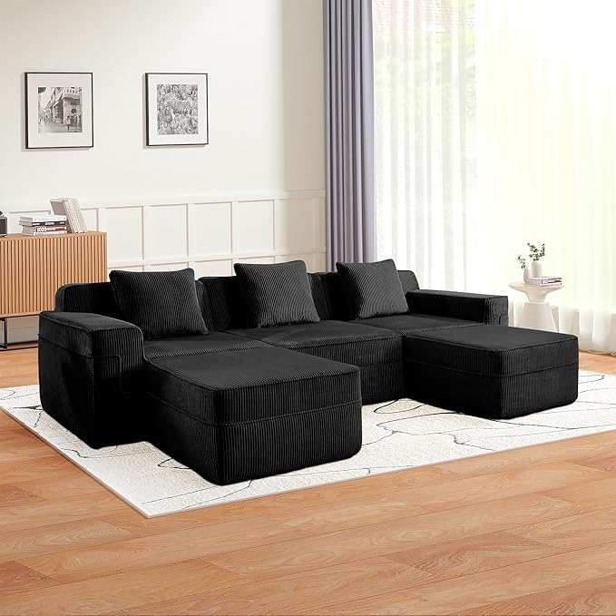 117.3 Compressed Sofa with Deep SeatsBoneless Sectional Couch with High Density Memory Foam SofaU Shaped Black 3 Seater Sofa for Living Room ApartmentsNo Assembly