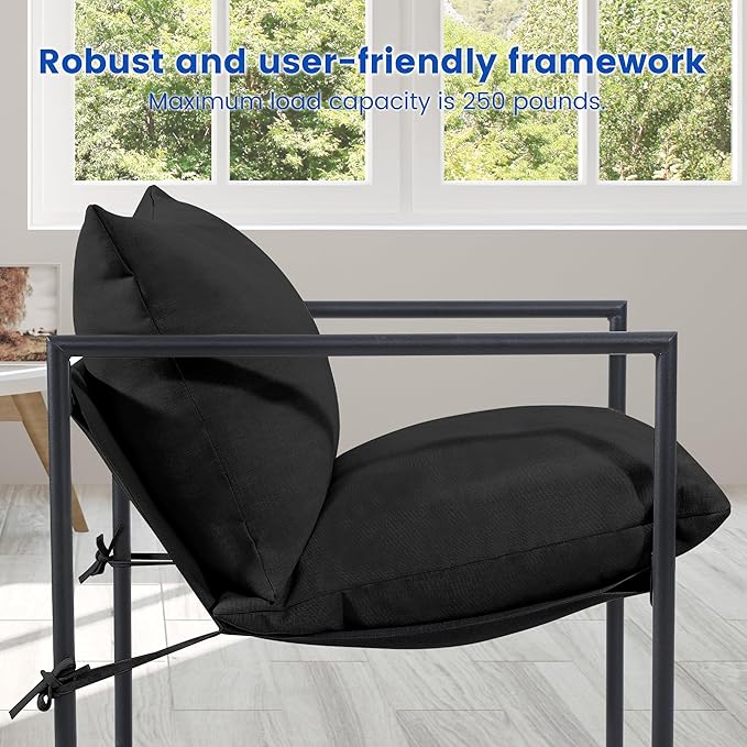 Kromax Sling Accent Chair Set of 2 Cozy Living Room Chairs Square Metal Frame Upholstered Soft Cushion Sponge 28 x28“x32 Easy Assembly Black
