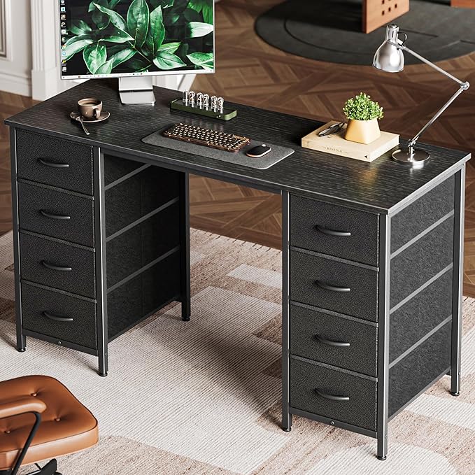 Huuger 47 Inch Computer Desk with 8 Fabric Drawers Office Desk Work Desk for Home Office Study Gaming Desk with Drawers Large Storage Black
