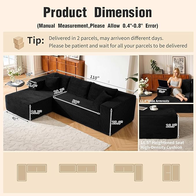 110” No Assembly Compression Boneless in a Box Cloud Sectional Couches for Living Room L-Shape Couch Compressed Sofa Modern Modular Plush Corduroy Reclining Comfy Fluffy Memory Foam Furniture Black