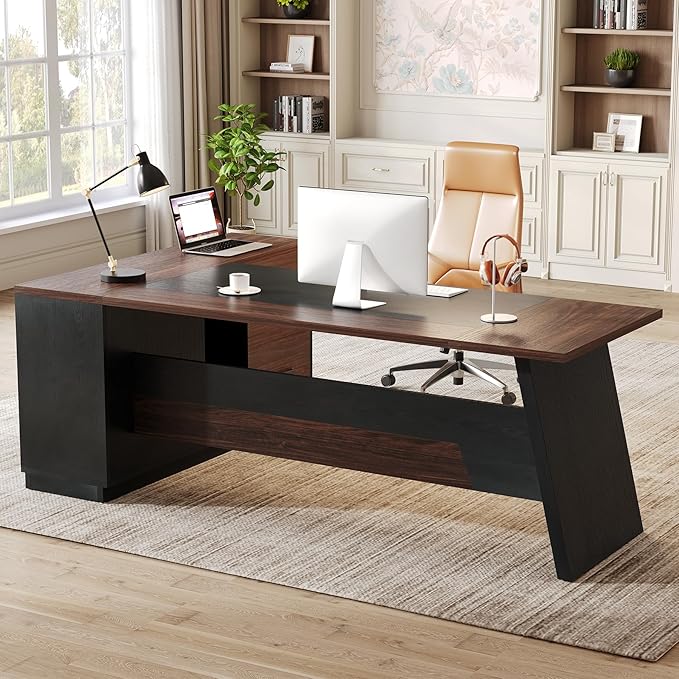 LITTLE TREE 78-Inch Executive Office Desk with File Cabinet Large Modern Corner Office Desk for Home Office 3-Drawer Wood File Cabinet Spacious Workstation for Home Office (Brown &amp Black)