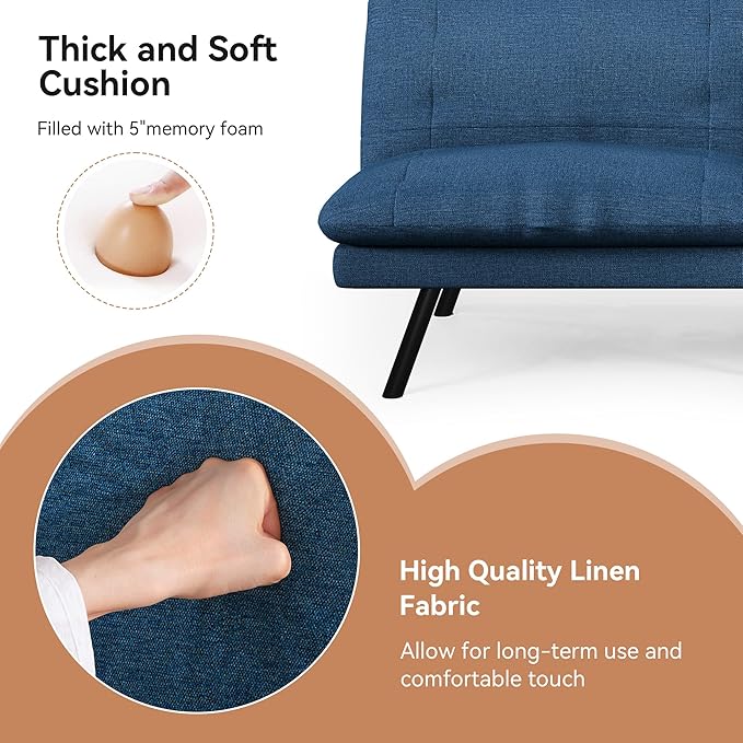 Futon Sofa Bed Convertible Couch Blue Linen Sofa Bed with Adjustable Backrest Multifunctional Small Loveseat Sleeper Sofa for Living Room Apartment Office