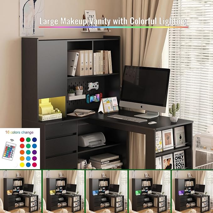 Anwick L Shaped Desk with Hutch Corner Computer Desk with Charging Station &amp Bookshelf &amp File Drawer Standing L Shape Desks for Home Office Bedroom Gaming Room Study Room (Black)