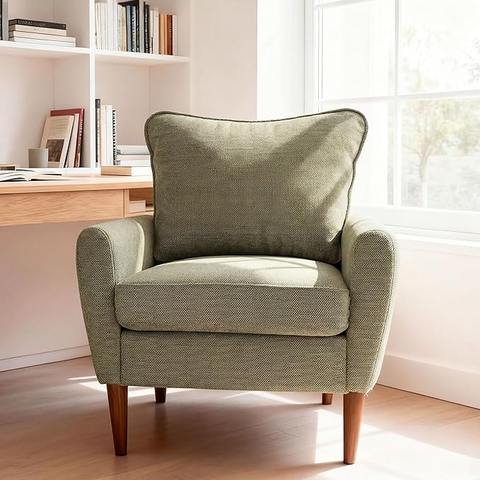OLIXIS Comfy Accent Chair for Living Room Bedroom and Waiting Room Upholstered Mid-Century Reading Chair with Pillow and Solid Wood Legs Wide Singe Modern Lounge Sofa (Green)