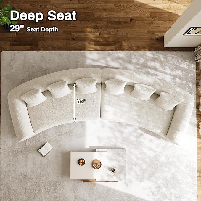 157 Oversized Curved Sofa Sectional Couch Chenille Cloud Couches Wide Armrest Deep Seat 6-Seater High Density Foam Sofas with 6 Pillows for Living Room No Assembly Needed Beige White