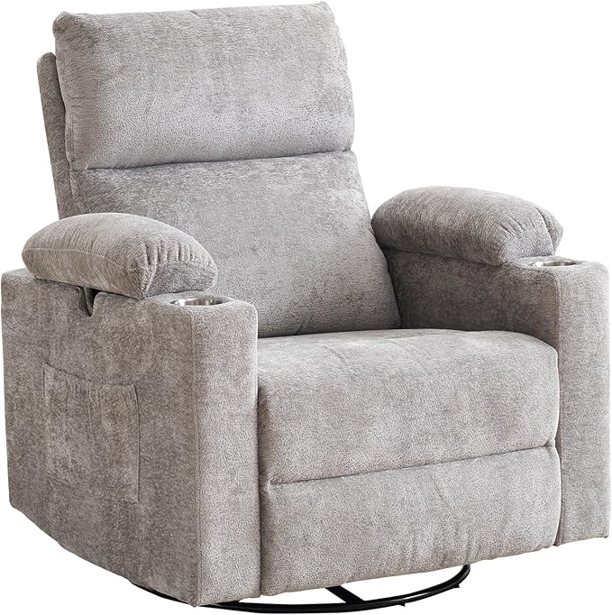 Power Recliner with Adjustable Armrests Rocking Chair Nursery with Massage and Heat Electric Glider Recliner Nursing Chair for Breastfeeding Swivel Rocker Recliner Chenille Light Grey
