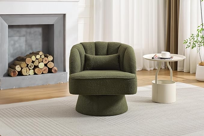 Swivel Barrel Chair - Teddy Bear Velvet Upholstered Modern Armchair with Striped Backrest &amp Plush Padding Round Lounge Chair for Living Room Bedroom Small Spaces Green - (1 Pcs)
