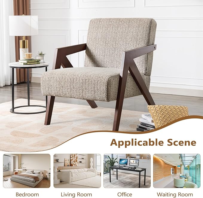 Bonzy Home Mid-Century Modern Accent Chair with Solid Wood Frame Upholstered Armchair for Bedroom &amp Living RoomReading Side Chair with Soft Lien Fabric CushionEasy Assembly