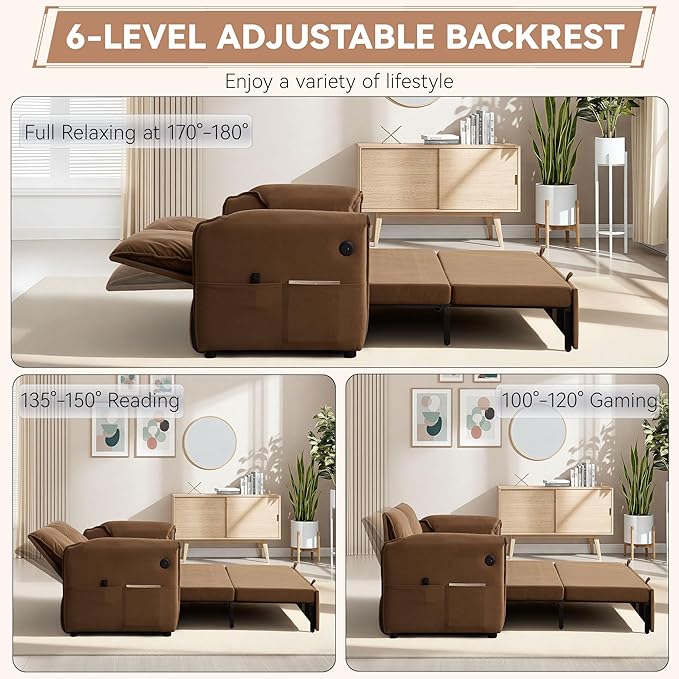 63 Velvet 3 in 1 Convertible Sleeper Sofa Bed Pull Out Couch Bed Loveseat with Adjustable Backrest Chaise Lounge USB Port &amp Side Pocket Modern Sofa for Living Room Small Spaces Brown