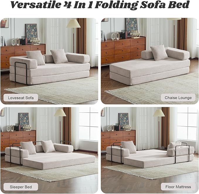 Folding Sofa Bed Modular Sectional Cloud Couch Convertible Sleeper Sofa Bed with Pillow Back Support Armrest for Living Room Bedroom Lounge No Assembly Required Corduroy (Beige)