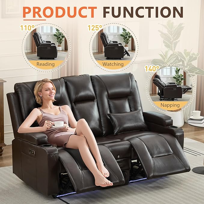 Houjud Power Reclining Loveseat Recliner Sofa with Console Wall-Hugger RV Couch with USB Ports Cup Holders Bluetooth Speakers &amp Ambient Lighting for Home Theater or Camper Faux Leather Dark B