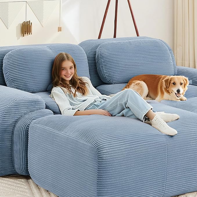 152 Modern Compressed Boneless Couch 4 Seater Sectional Couches for Living Room Blue Corduroy Cloud Modular Sectional Sofa Comfy Memory Foam Extra Deep Sofas para Sala No Assembly
