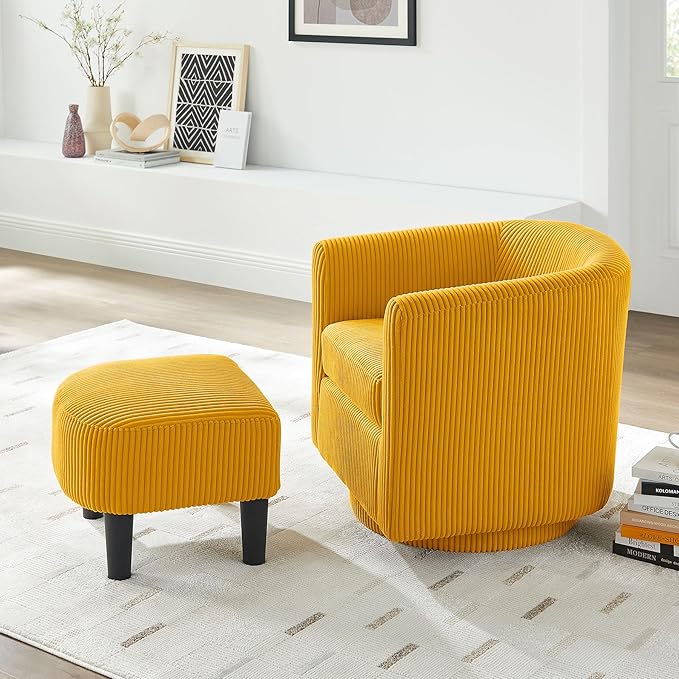 Corduroy Swivel Accent Chair with Ottoman Round Barrel Chair with Armrest Comfy Reading Chair for Living Room Bedroom Office (Yellow)