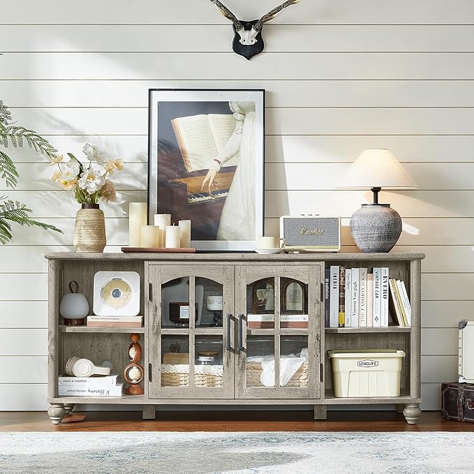 Farmhouse TV Stand for 60 Inch TV Wood Entertainment Center with Glass Door Storage Cabinet &amp Adjustable ShelvesTelevision Stands for 65 TVS Grey TV Console Table for Living RoomBedroom