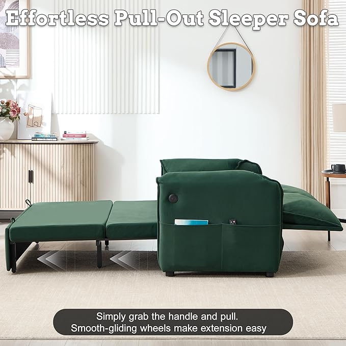 63 Velvet Pull Out Sofa Bed 3-in-1 Convertible Futon Loveseat Queen Sleeper Sofa Couch Bed with Adjustable Backrest USB Ports &amp Side Pockets Modern Sofas for Living Room Apartment Green