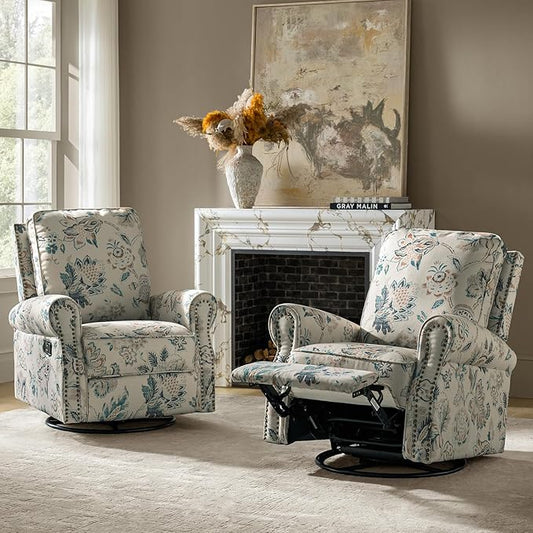 HULALA Home Rocker Recliner Set of 2 Modern Printed Fabric Swivel Glider with Adjustable Backrest &amp Footrest Teal