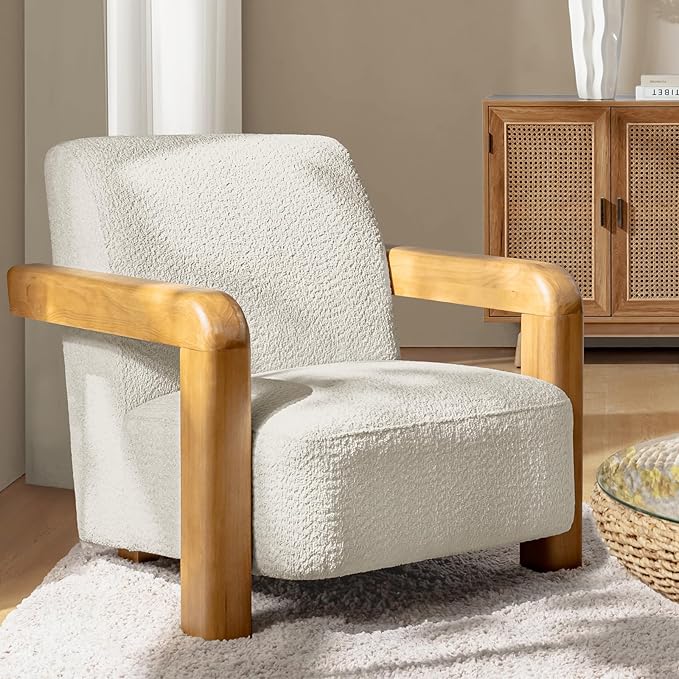 HULALA HOME Boucle Accent Chair Modern Low-Profile Leisure Armchair with Thick Padded Seat Cushion Solid Wood Frame &amp Curved Armrests Ideal for Living Room/Bedroom/Reading Corner(Ivory)