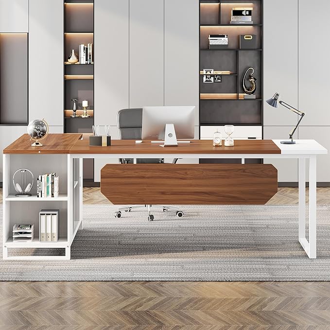 Tribesigns 70.8-Inch Executive Desk with 55-Inch File Cabinet Large L Shaped Computer Desk with Storage Cabinet and Shelves Modern L-Shaped Desk for Home Office Walnut &amp White