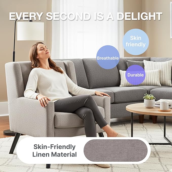 Mid-Century Modern Accent Chair Set of 2 Plush Linen Fabric with Button Tufted High Back &amp 5 Thick Cushion High Comfort Reading Chair for Living Room Bedroom Office (Light Gray)