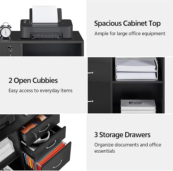 Topeakmart Black File Cabinet with Lock for Letter A4 Size 3 Drawer Lateral Filing Cabinet Printer Stand with Open Storage Compartments for Home Office Black