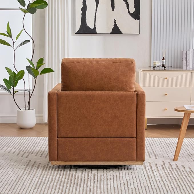 360° Swivel Accent Chair Square Modern Comfy Chair with Metal Base &amp Thicked Cushion Upholstered Lounge Reading Armchair Cozy Cloud Sofa Chairs for Living Room Bedroom Office Club(PU Brown)